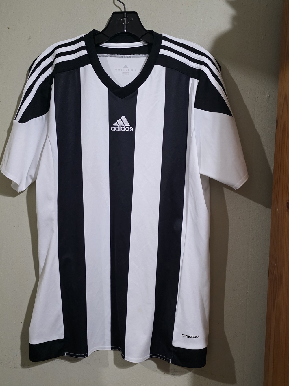 Adidas Black & White Striped ClimaCool Soccer Jersey Used Size M